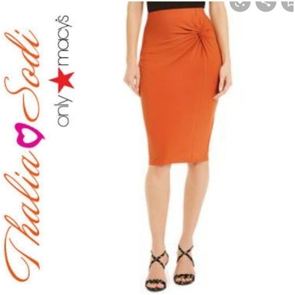 Thalia Sodi Stretch Mango Orange Twist Scuba Pencil Skirt bodycon stretch XS 0/2 - Picture 3 of 6